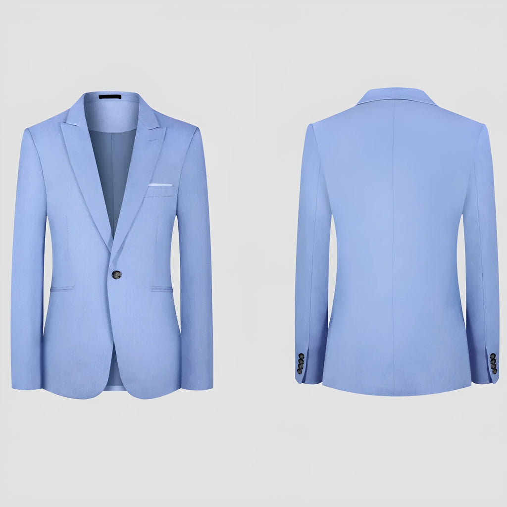 Men's light blue western-style casual suit jacket with slim fit on mannequin