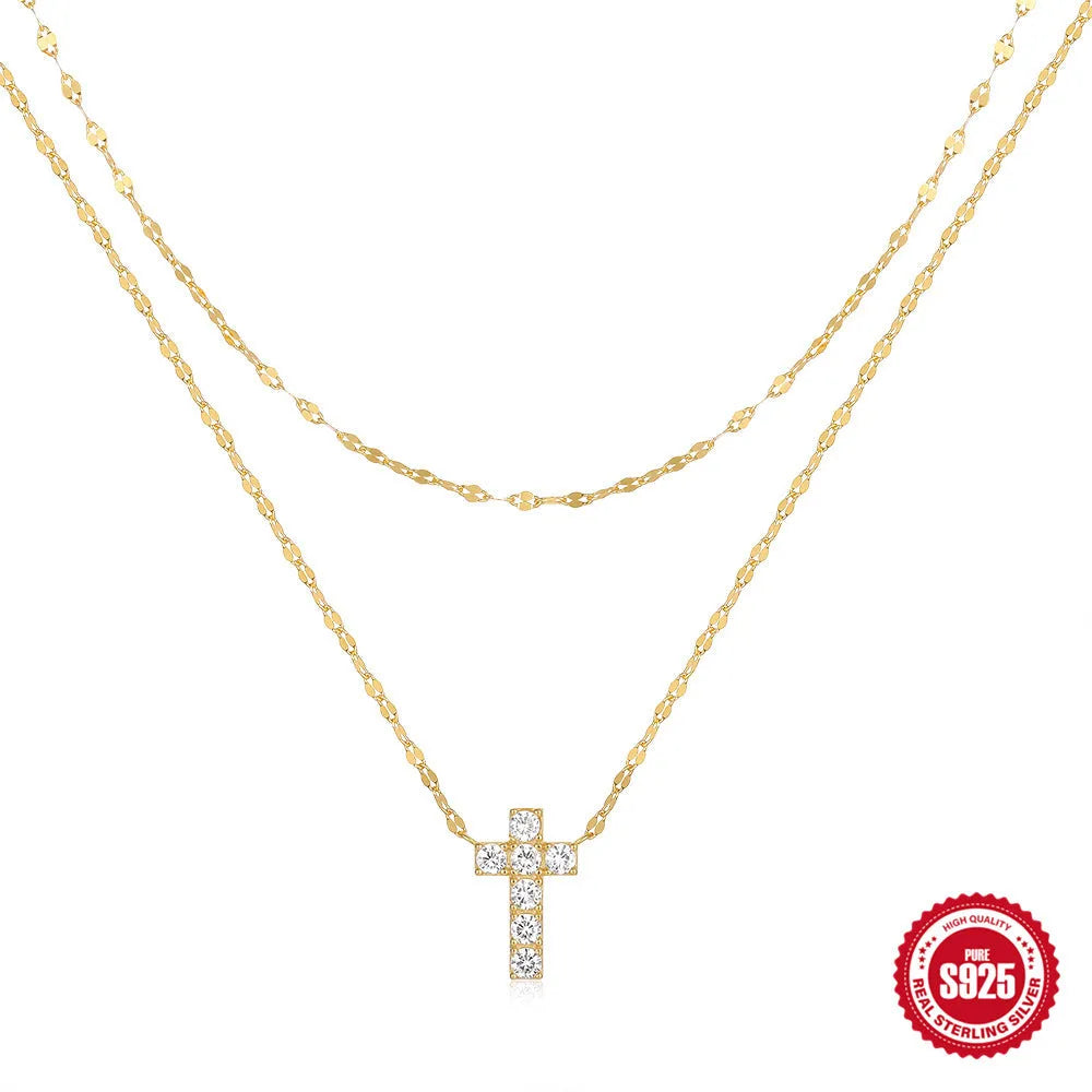 Sterling silver double layer twin diamond cross pendant necklace with geometric design on clavicle chain