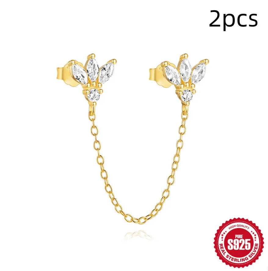 S925 sterling silver geometric chain stud earrings with zircon inlay in golden designs