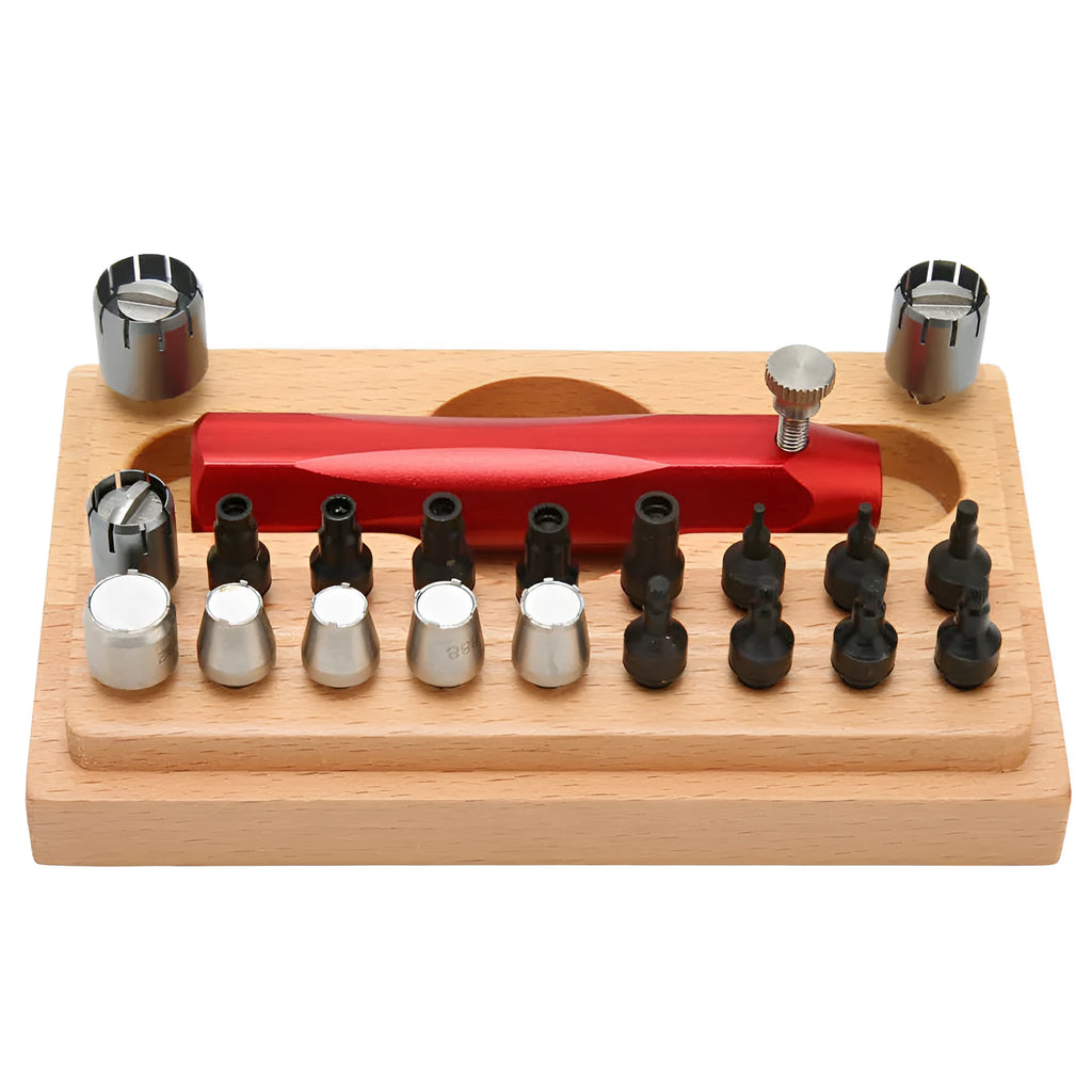 20-piece steel watch repair tool set with extractor tube opener in compact case