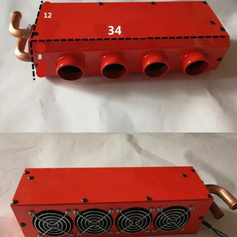 Metal car heater unit with copper pipe connections for 12V 24V auxiliary heating.