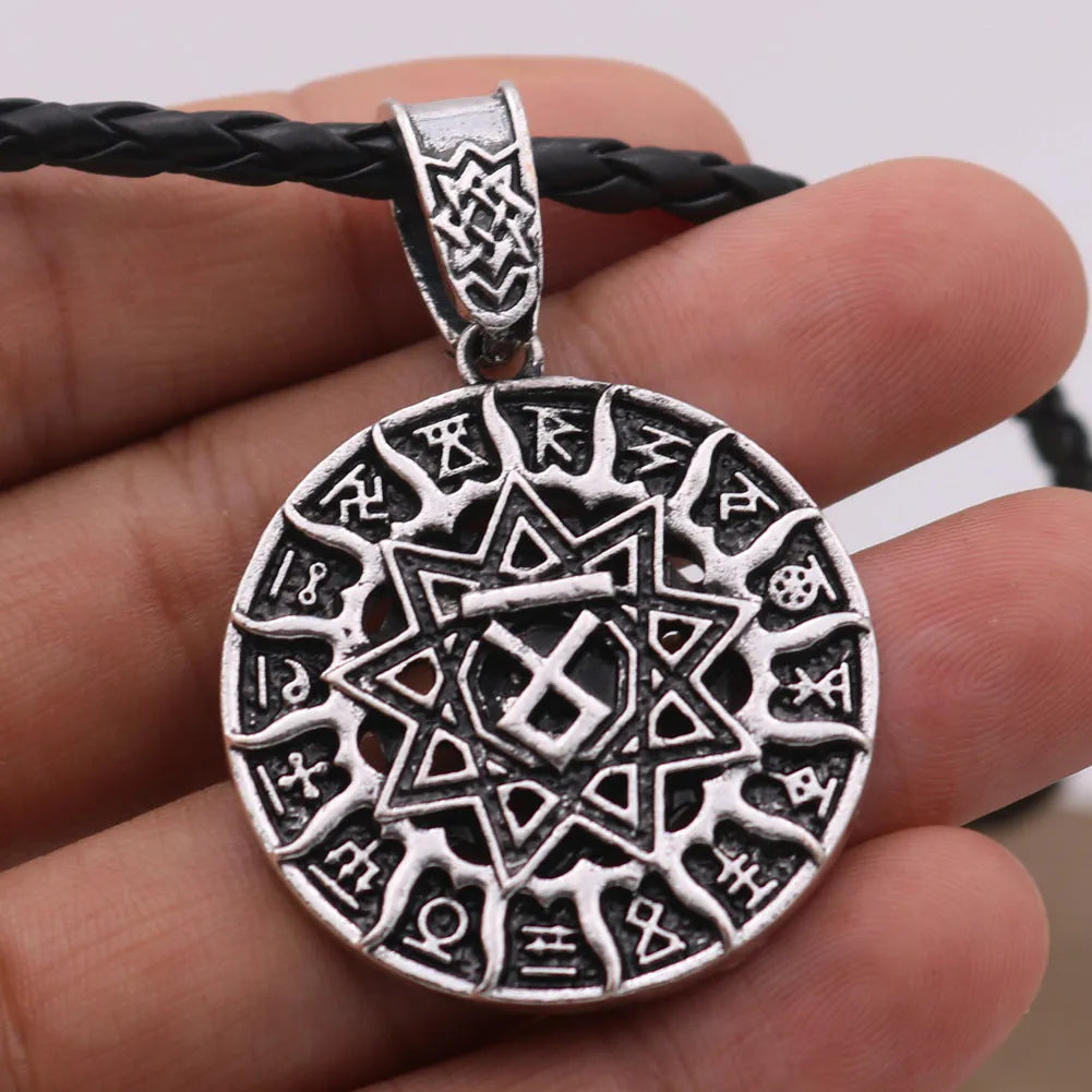 Lunavin ODing logo pendant necklace with snake bones chain and leather rope options in antique silver finish