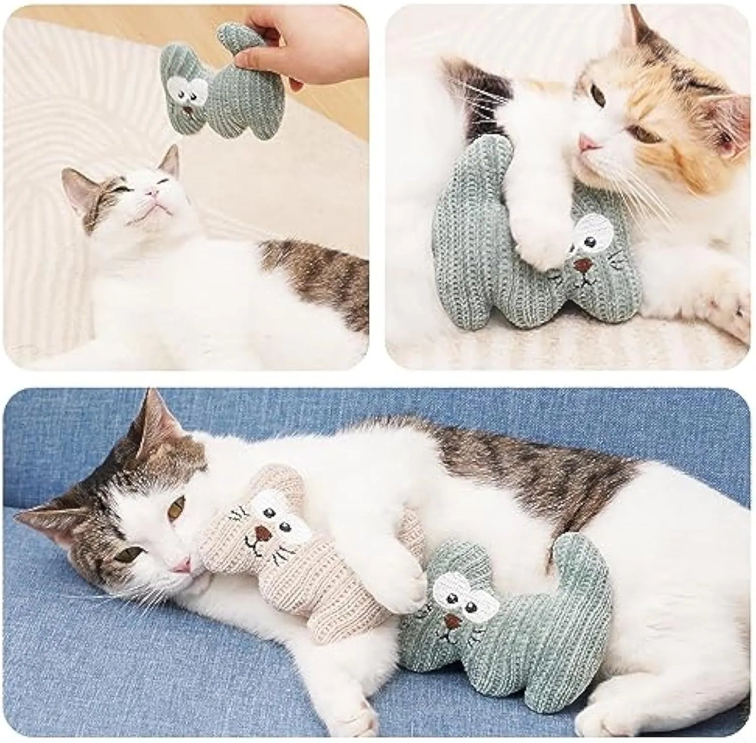 Cyan knitted plush cat toy with rope ends, measuring 12cm, containing a bell and organic catnip.
