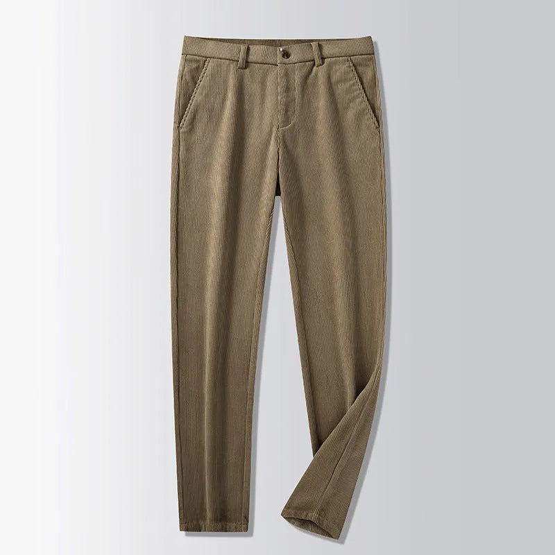 Retro striped straight-leg trousers in khaki colour with zip-fly closure