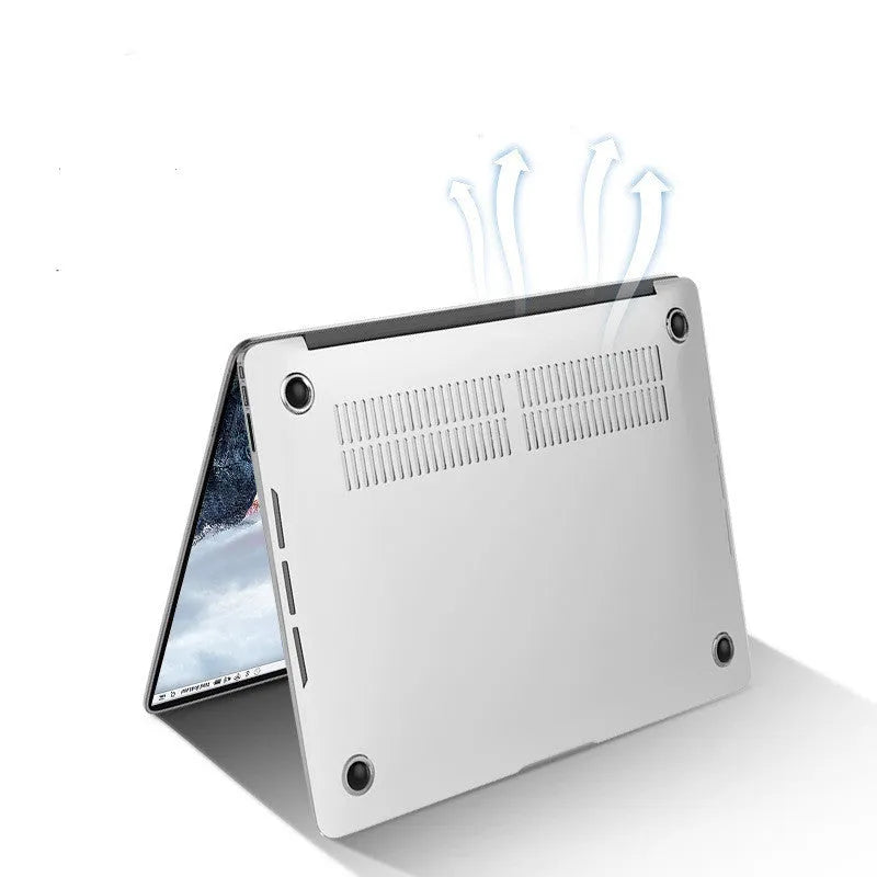 Transparent and black PC hard shell protective cases for MacBook Pro 14 inch and 16 inch laptops.