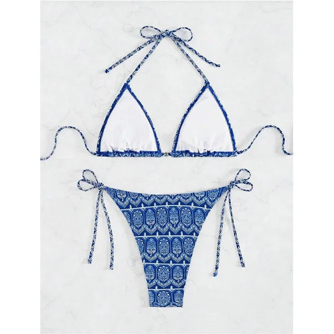 Women's split bikini swimsuit with bandage stitching in polyester fabric, available in multiple colours