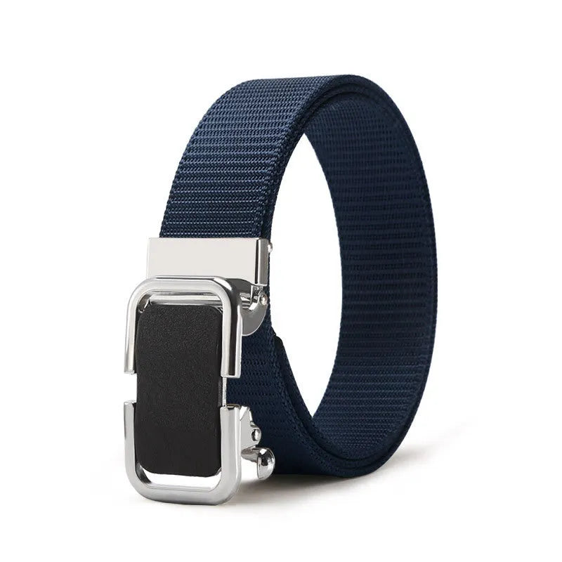 Men's navy blue nylon canvas belt with a silver alloy toothless buckle on a 120cm strap.
