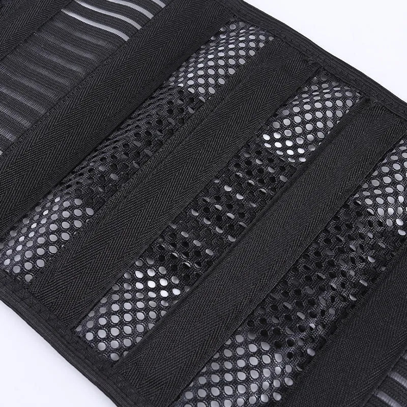 Black breathable sports waist support with steel plate for lumbar decompression, shown in adult size.