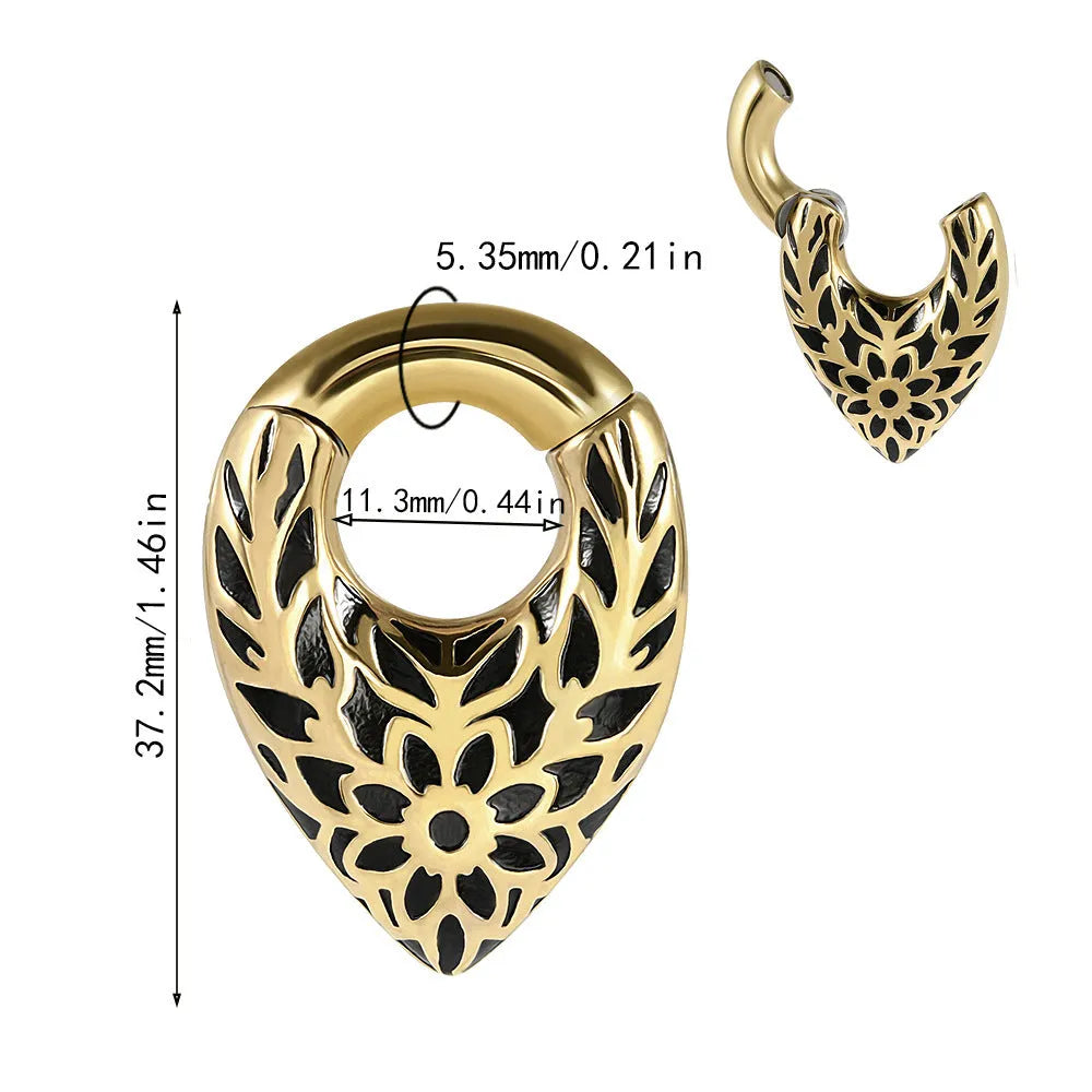 Drop-shaped stainless steel ear extender with totem design for stretched earlobes in colour style options