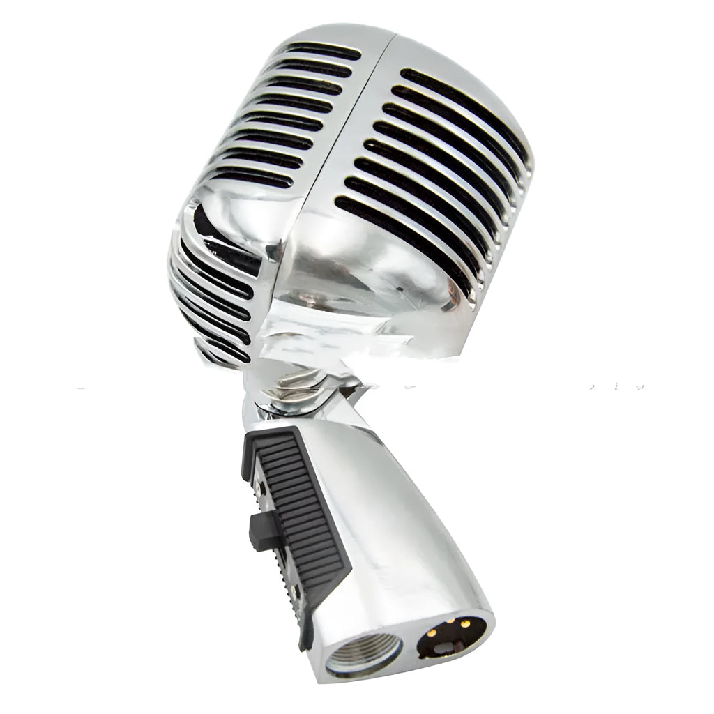Silver retro dynamic microphone with all-metal body and heart-shaped polar pattern for stage and video use