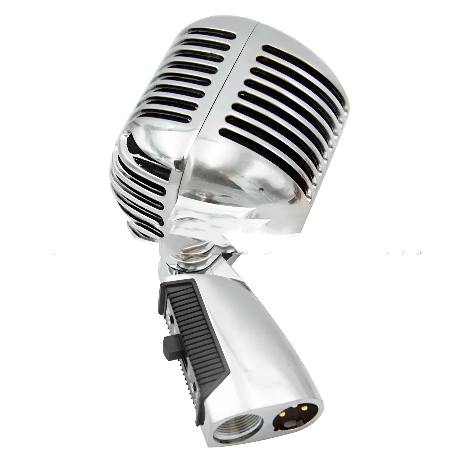 Silver retro dynamic microphone with all-metal body and heart-shaped polar pattern for stage and video use