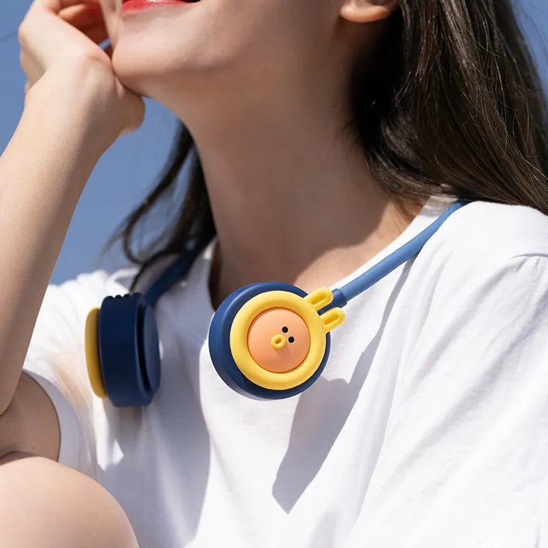 Pink foldable leafless hanging neck fan showing USB port and three-speed controls