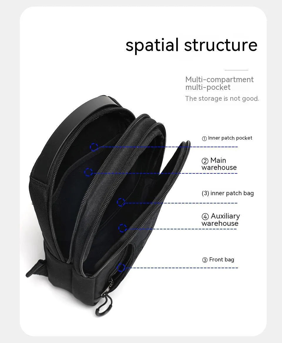 Casual black TPU camouflage pattern chest bag with single shoulder strap and soft handle.