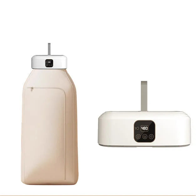 White cylindrical remote control clothes dryer with compact foldable design