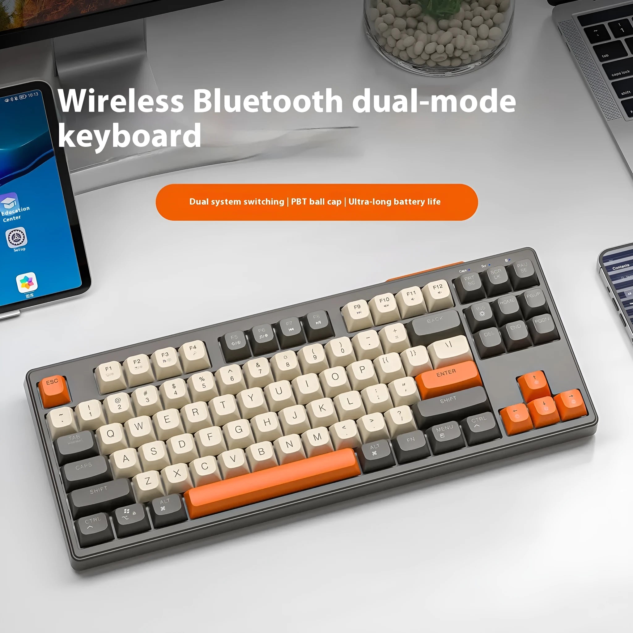 Wireless Bluetooth dual-mode mechanical keyboard with 87 keys in blueberry colour showing hot-swappable switches