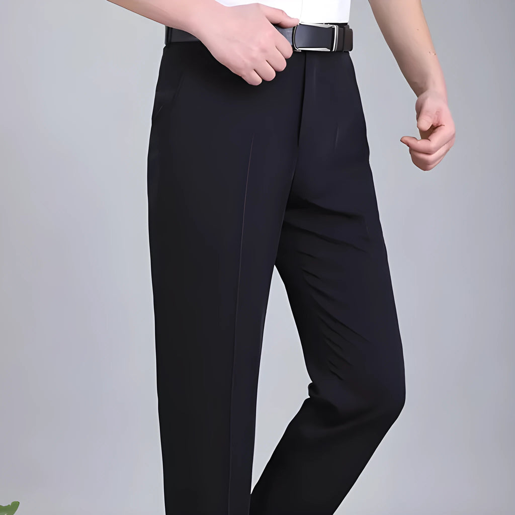 Men's straight-leg mulberry silk blend dress trousers in black on a hanger