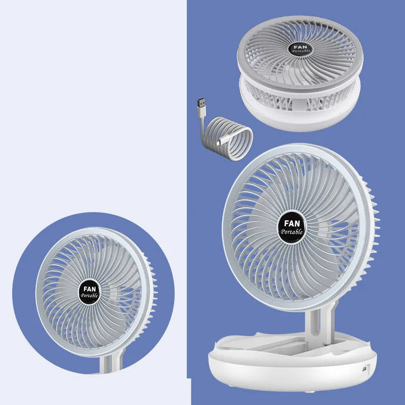 Blue foldable USB desk fan with LED light showing wall mount bracket and pen holder