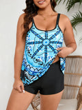 Bikini swimsuit with sling pattern design showing abdominal coverage in conservative environmental print style