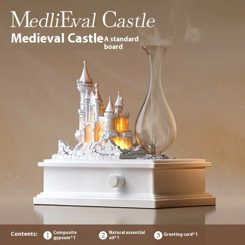 White medieval castle waterless aromatherapy machine with USB charging cable and essential oil