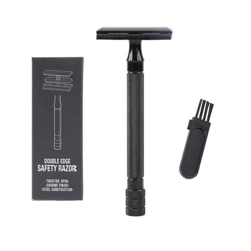 Traditional manual pogonotomy scraper and brush set for wet shaving in black or silver metal finish.