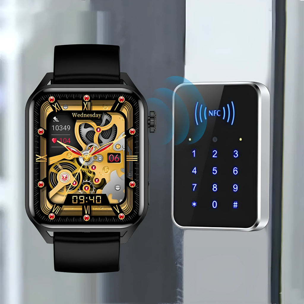 Silver grey smart watch with AMOLED screen and black silicone wrist strap on a wrist.