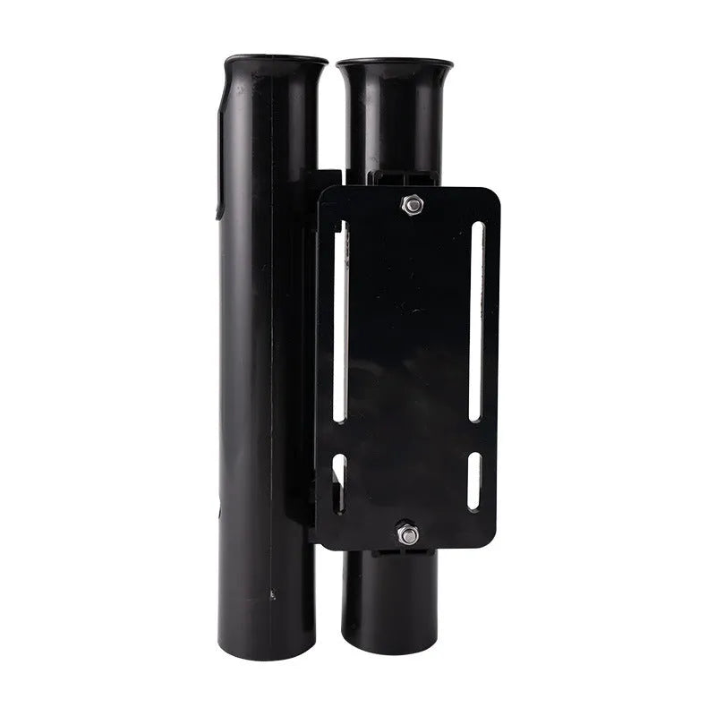 Plastic double-layer fishing rod rack clamped onto a bicycle frame tube