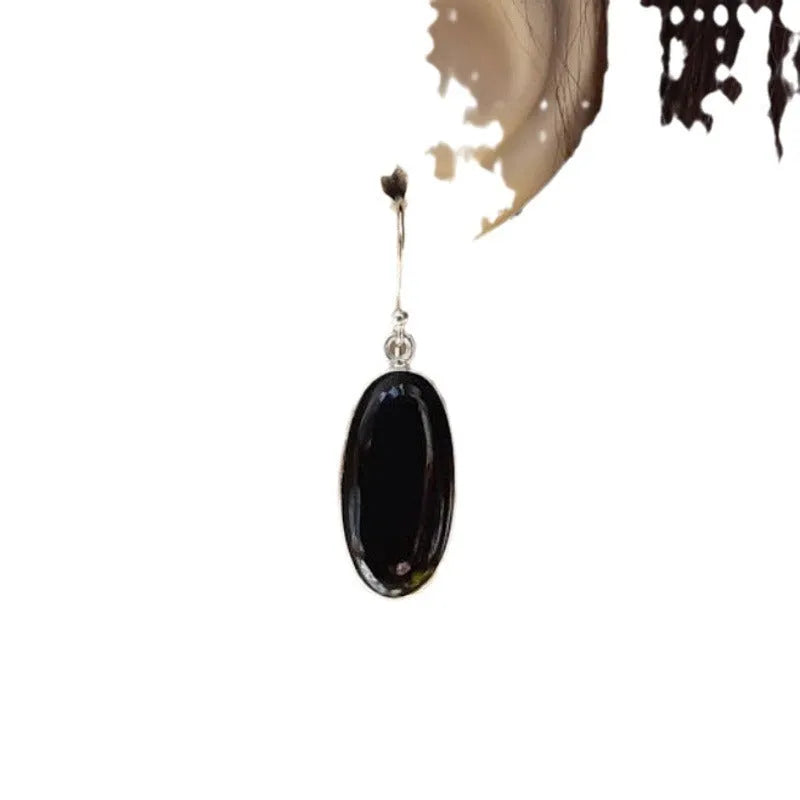 Women's geometric earrings with oval black agate pendant on 925 silver-plated alloy posts