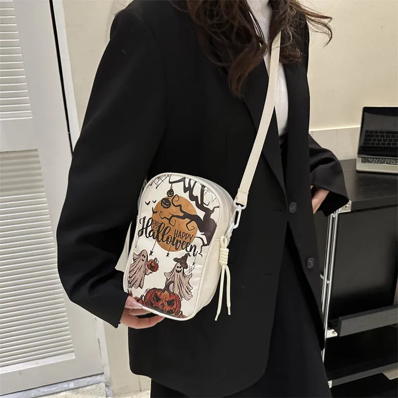 Halloween graffiti phone crossbody bag with cartoon pumpkin ghost bat prints in PU material