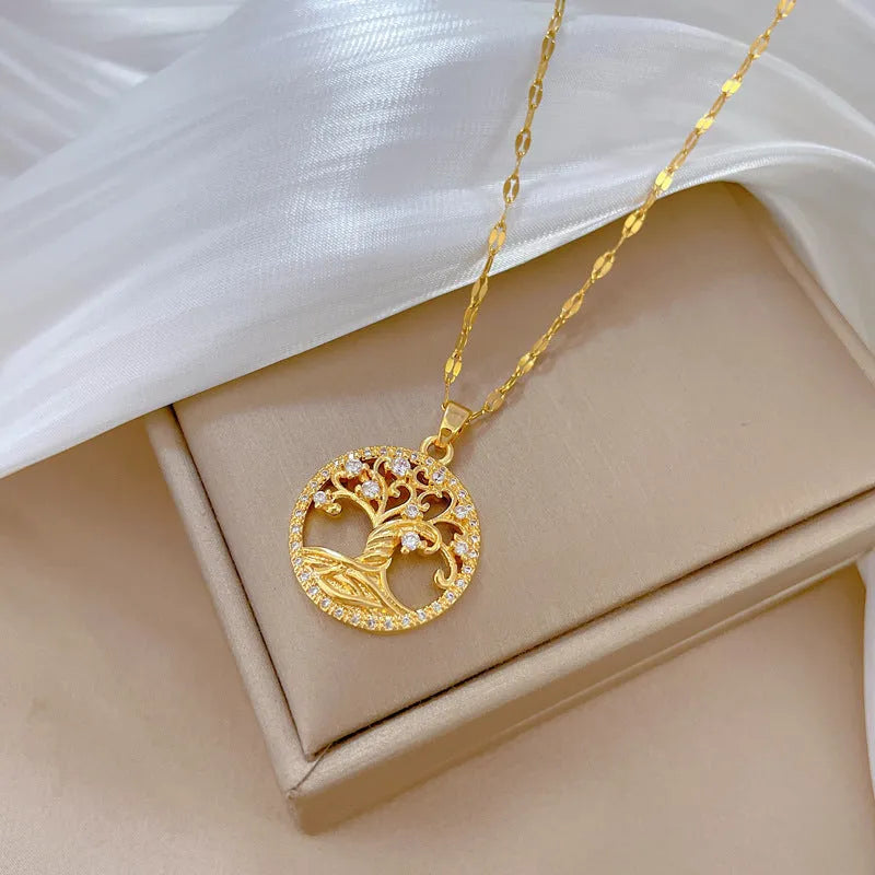 Gold-plated cross necklace with mother-of-pearl shell pendant and rhinestone zircon lucky tree pattern on adjustable chain