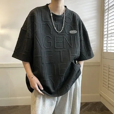 Men's grey retro t-shirt with raised letter print in loose fit short sleeve design