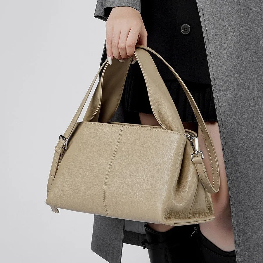 Women's genuine leather messenger bag in horizontal square shape with double shoulder strap
