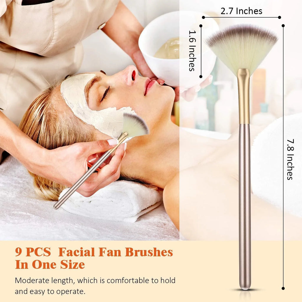 10 professional facial fan brushes with champagne-coloured acrylic handles and protective covers