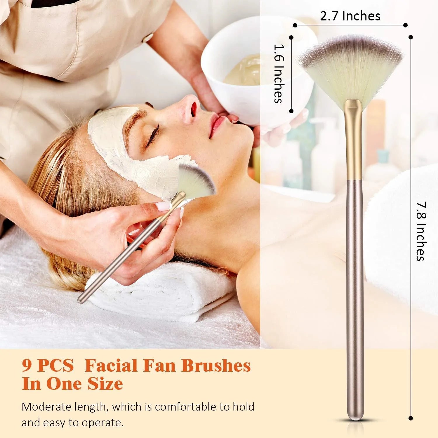 10 professional facial fan brushes with champagne-coloured acrylic handles and protective covers