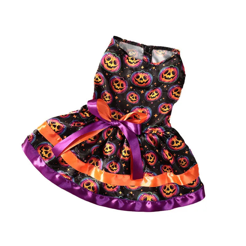 Halloween dog skirt with colourful pumpkin or skull print on white background