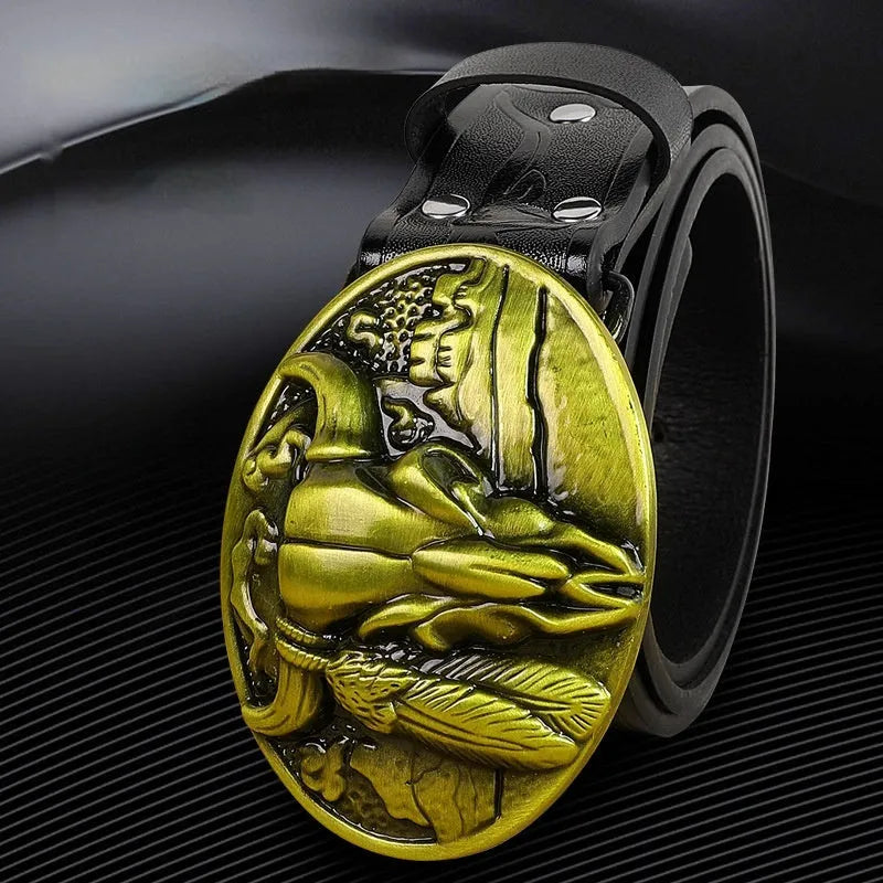 Men's black imitation leather belt with a detailed metal cow head buckle and pin clasp.