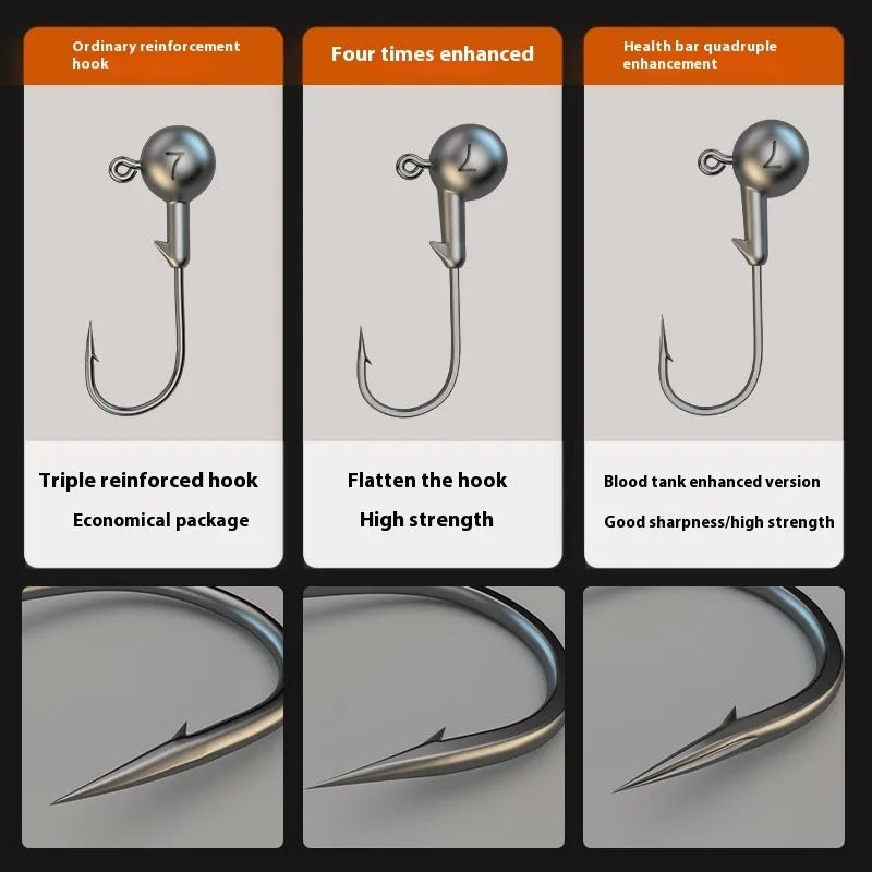 Set of 50 jig fishing hooks with strengthened construction and lead-headed designs in primary colours