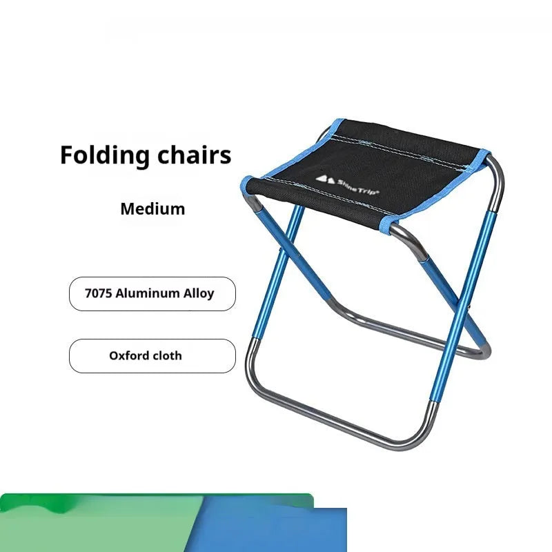 Black folding stool with an aluminium alloy frame, shown both folded and open for outdoor use.