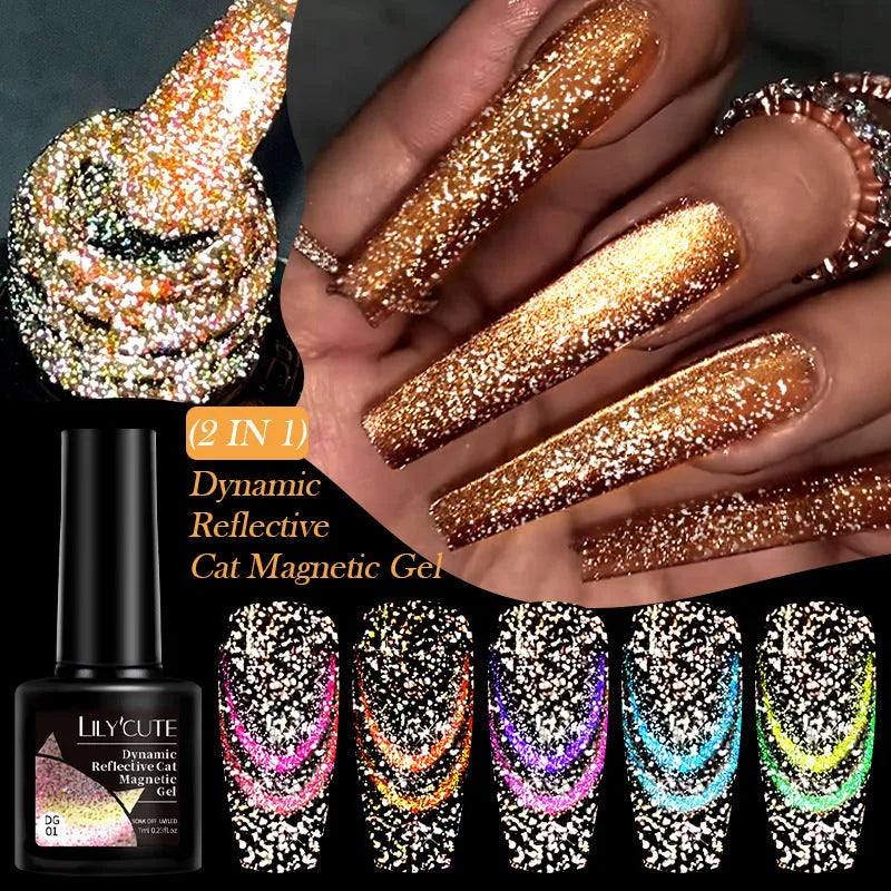 Cat eye series nail polish gel bottles showing diamond glitter and fragment designs in six colour options