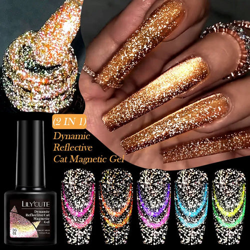 Cat eye series nail polish gel bottles showing diamond glitter and fragment designs in six colour options