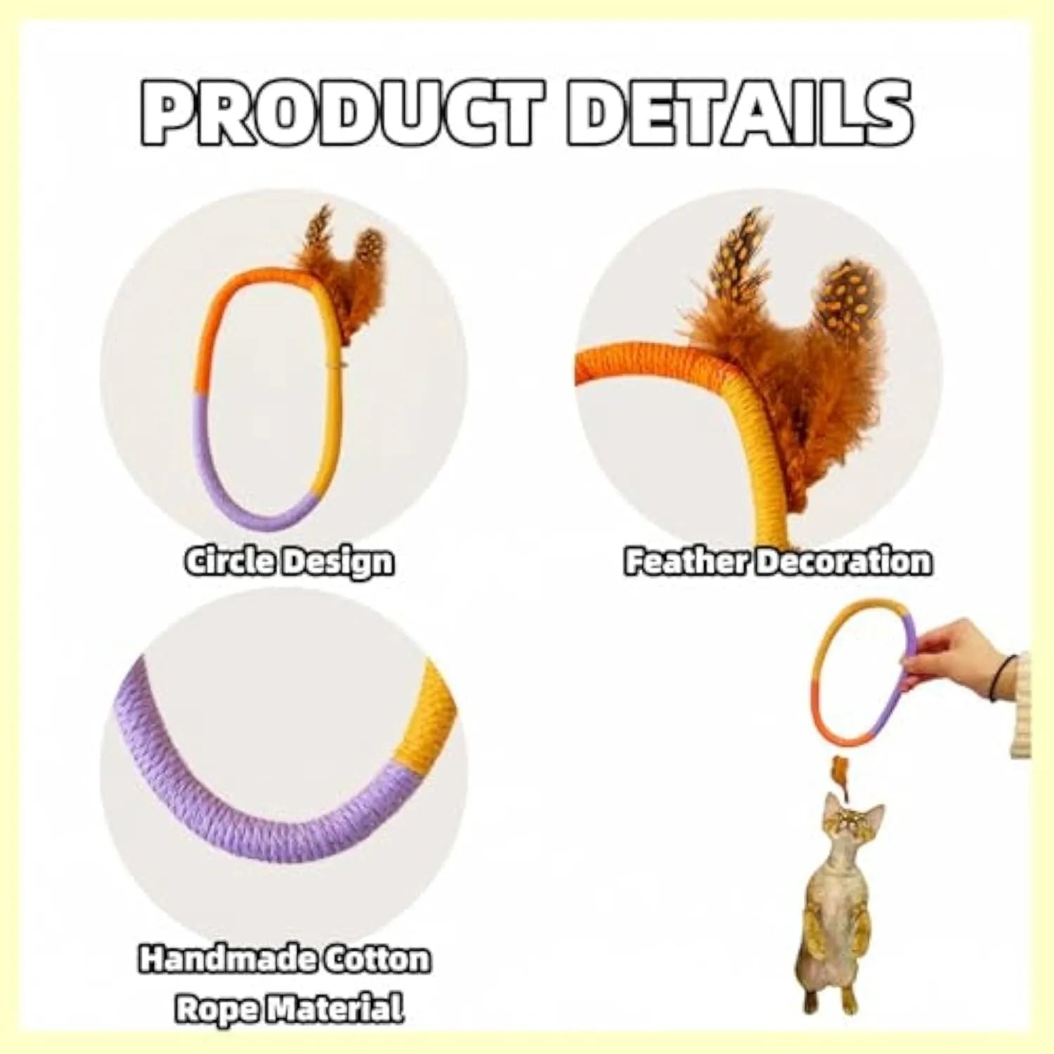 Green circular cotton rope cat toy with white feathers attached for interactive feline play