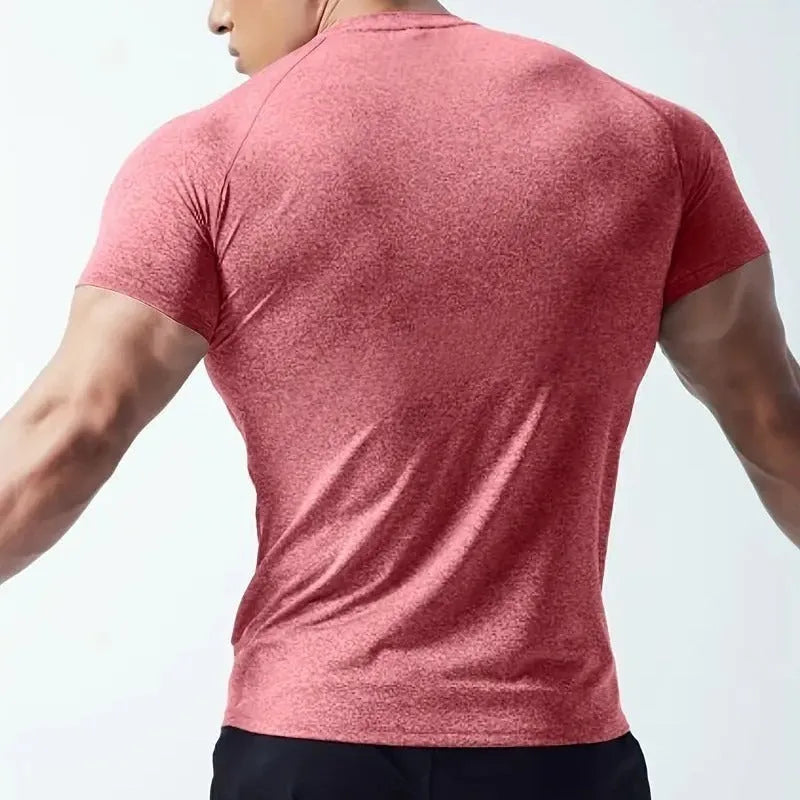 Men's black stretch quick-dry casual short sleeve t-shirt on a hanger.
