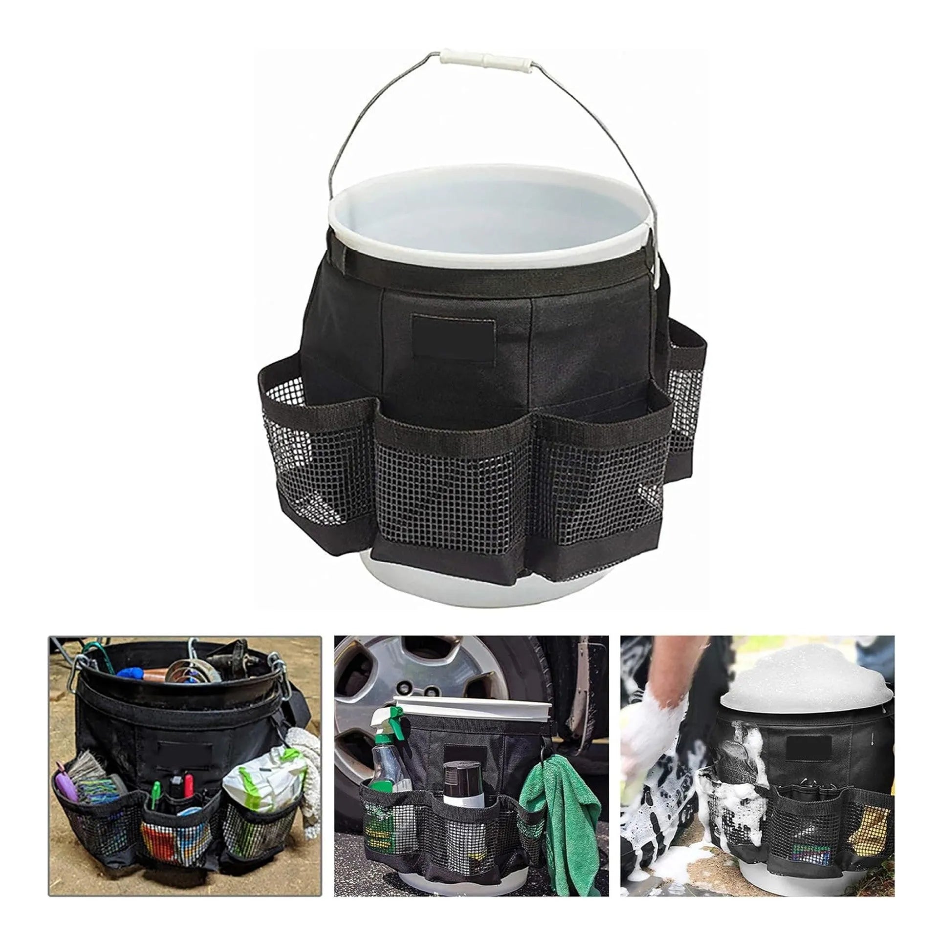 Black cylindrical polyester hanging storage bag for 5 gallon barrels with car washing tools