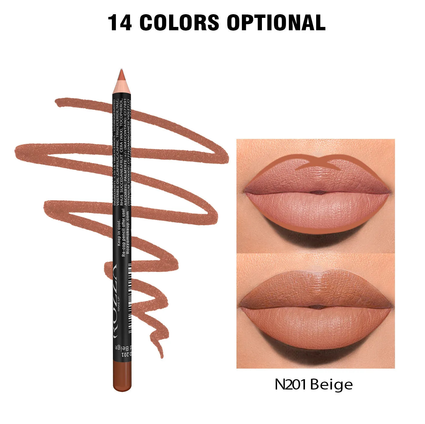 24-hour matte finish lip liner pencil in a range of wood tone shades on a white background.