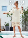 Women's hand-crocheted apricot beach dress with free-size fit for swimming cover-up