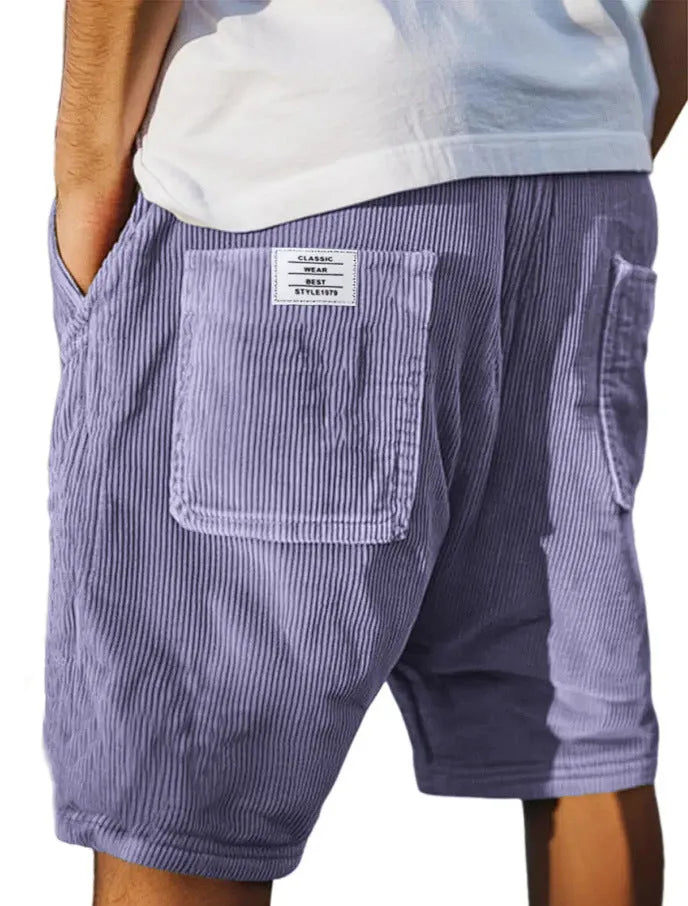Men's straight-leg corduroy shorts with multi-pockets and embroidery detail in various colours