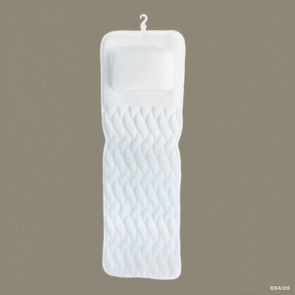 White 3D mesh bathtub pillow with seven suction cups on a bathtub.