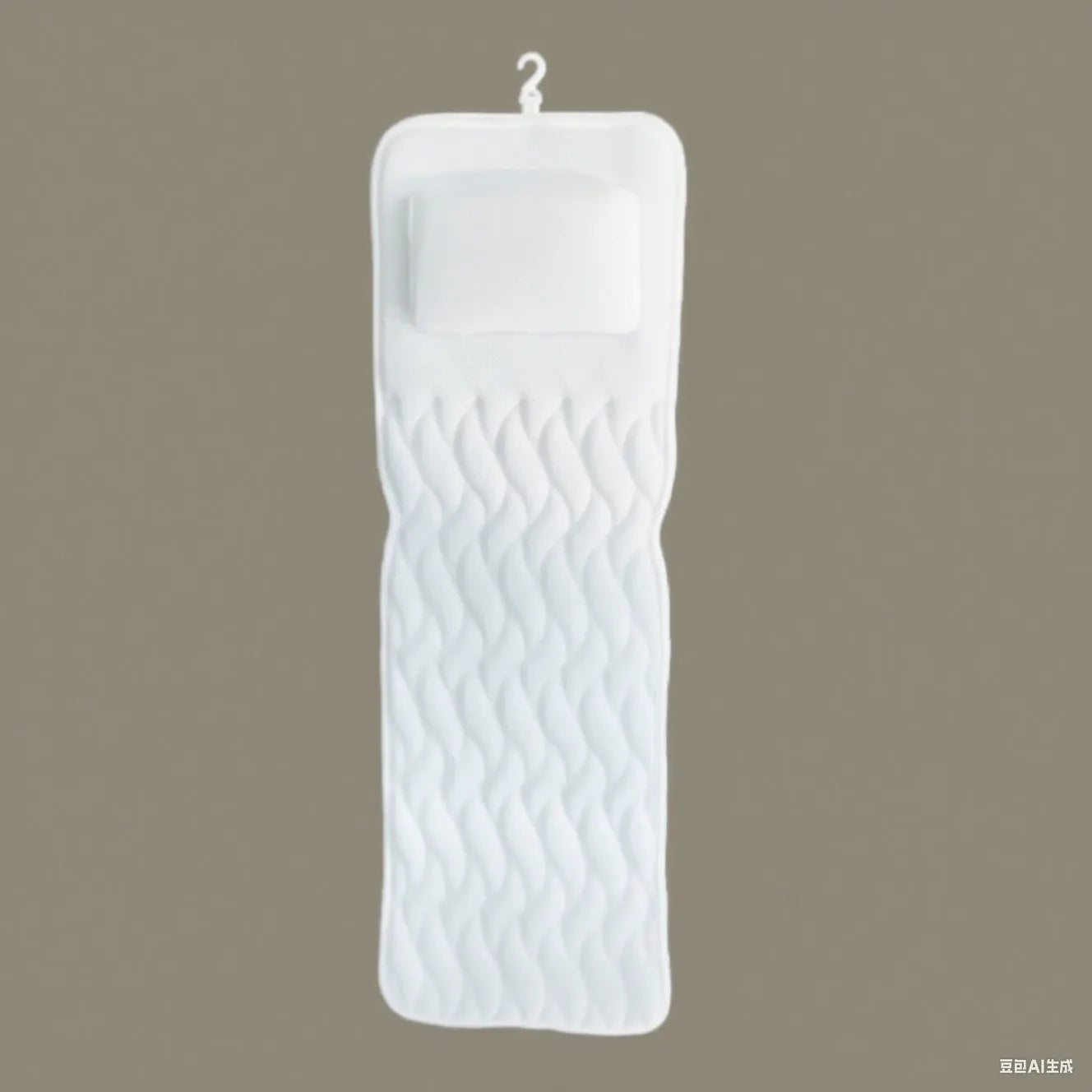 White 3D mesh bathtub pillow with seven suction cups on a bathtub.