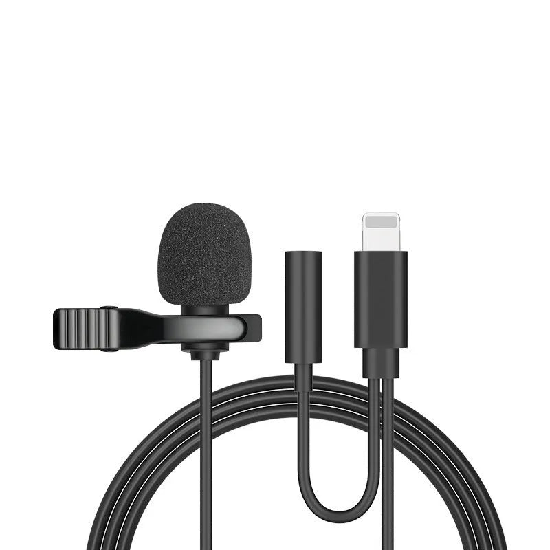 Black wired lavalier clip microphone with 3.5mm plug and 1.5m cable for iPhone recording.