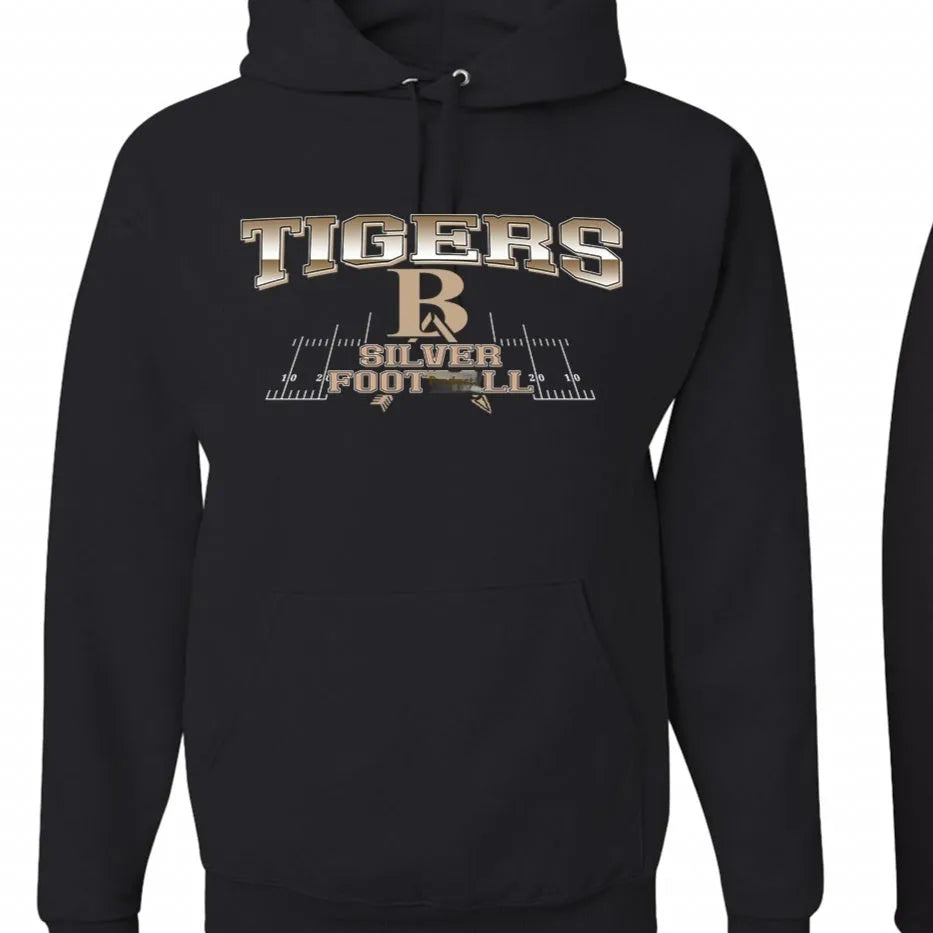 Black drop-shoulder sleeve pullover hoodie on a model, showing relaxed fit.