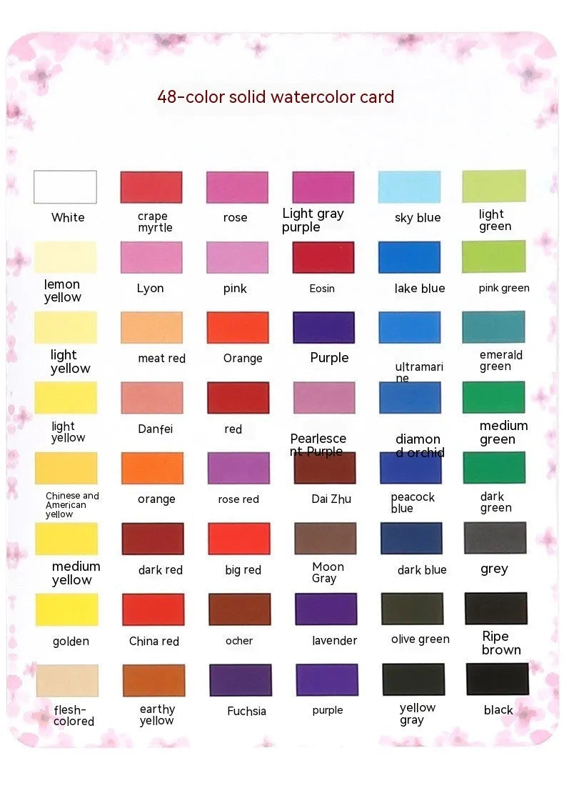 Box of 48 solid watercolour paints in shades including black knight, girl pink, and sunshine blue.